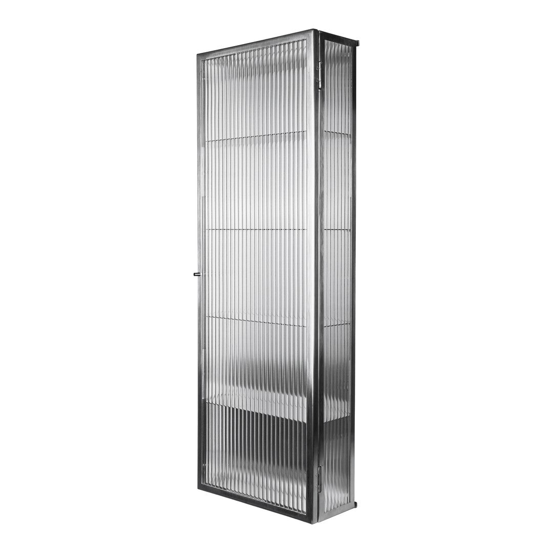 Silver metal shelving unit with a striped pattern and transparent glass shelves for modern decor.
