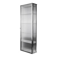 Silver metal shelving unit with a striped pattern and transparent glass shelves for modern decor.