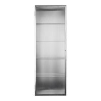 Silver vertical striped door with clear glass panels, showcasing a sleek and modern design.