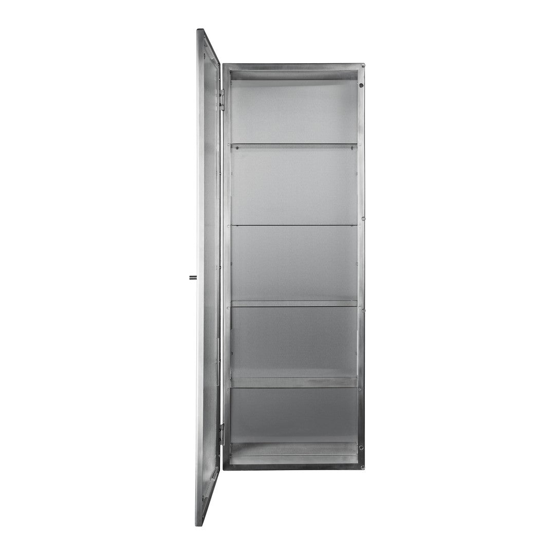 Stainless steel refrigerator interior with smooth silver finish and transparent glass shelves for modern appeal.