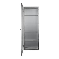 Stainless steel refrigerator interior with smooth silver finish and transparent glass shelves for modern appeal.
