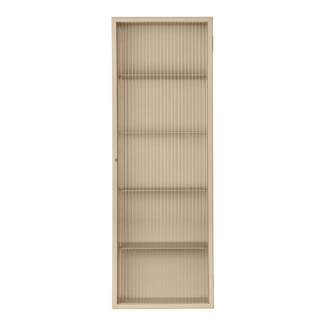 Beige cabinet with vertical ribbed pattern and five open shelves, perfect for stylish organization.