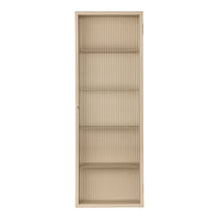 Beige cabinet with vertical ribbed pattern and five open shelves, perfect for stylish organization.