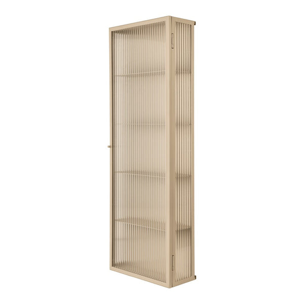 Beige tall cabinet with vertical ribbed patterns, showcasing a sleek and modern design. Ideal for stylish storage solutions.
