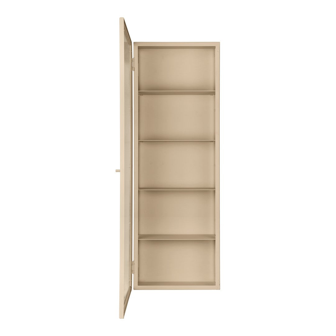 Beige storage cabinet with a smooth finish and five spacious shelves, ideal for modern home decor.
