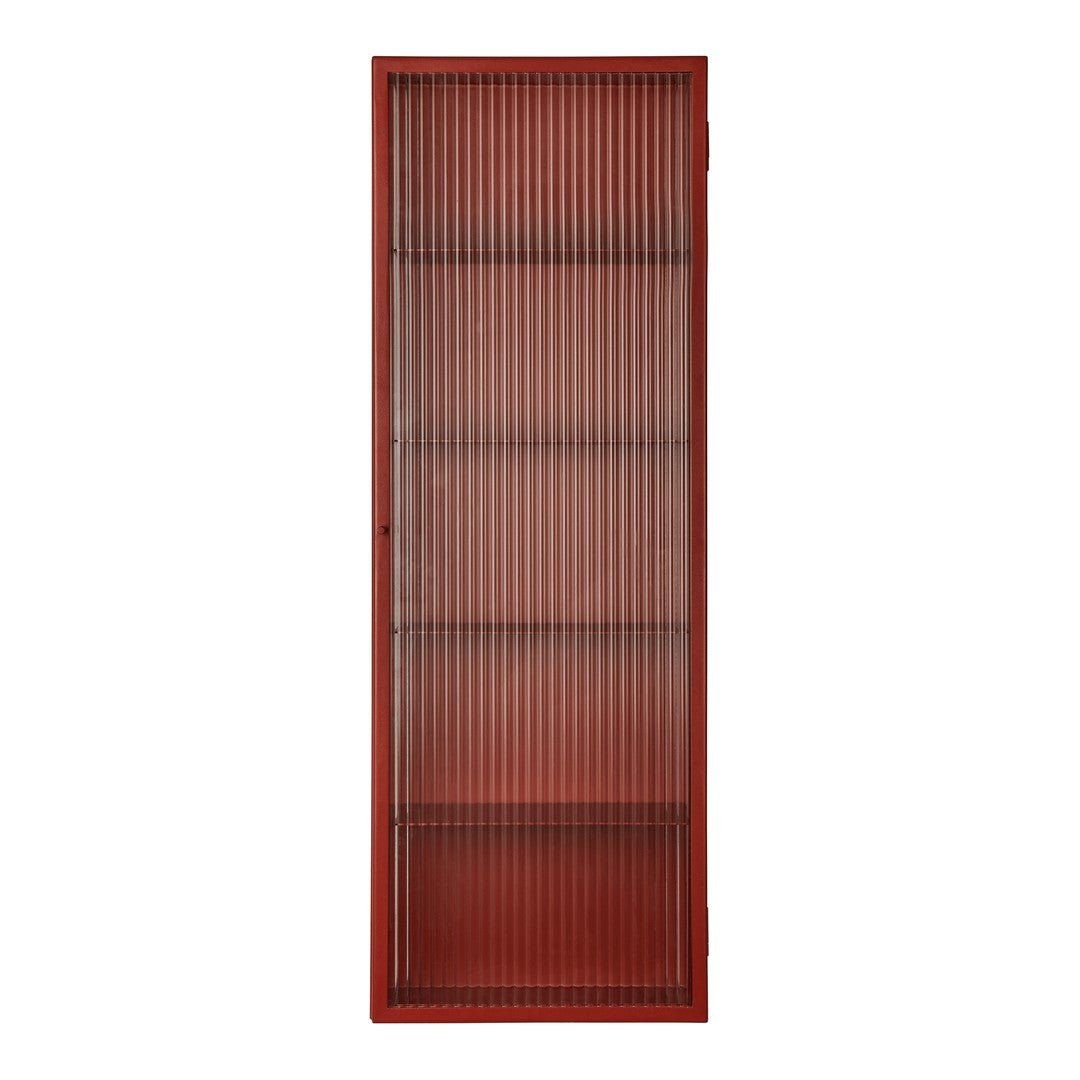 Red vertical slatted door with transparent panels and a gradient effect. Modern and sleek design for any space.