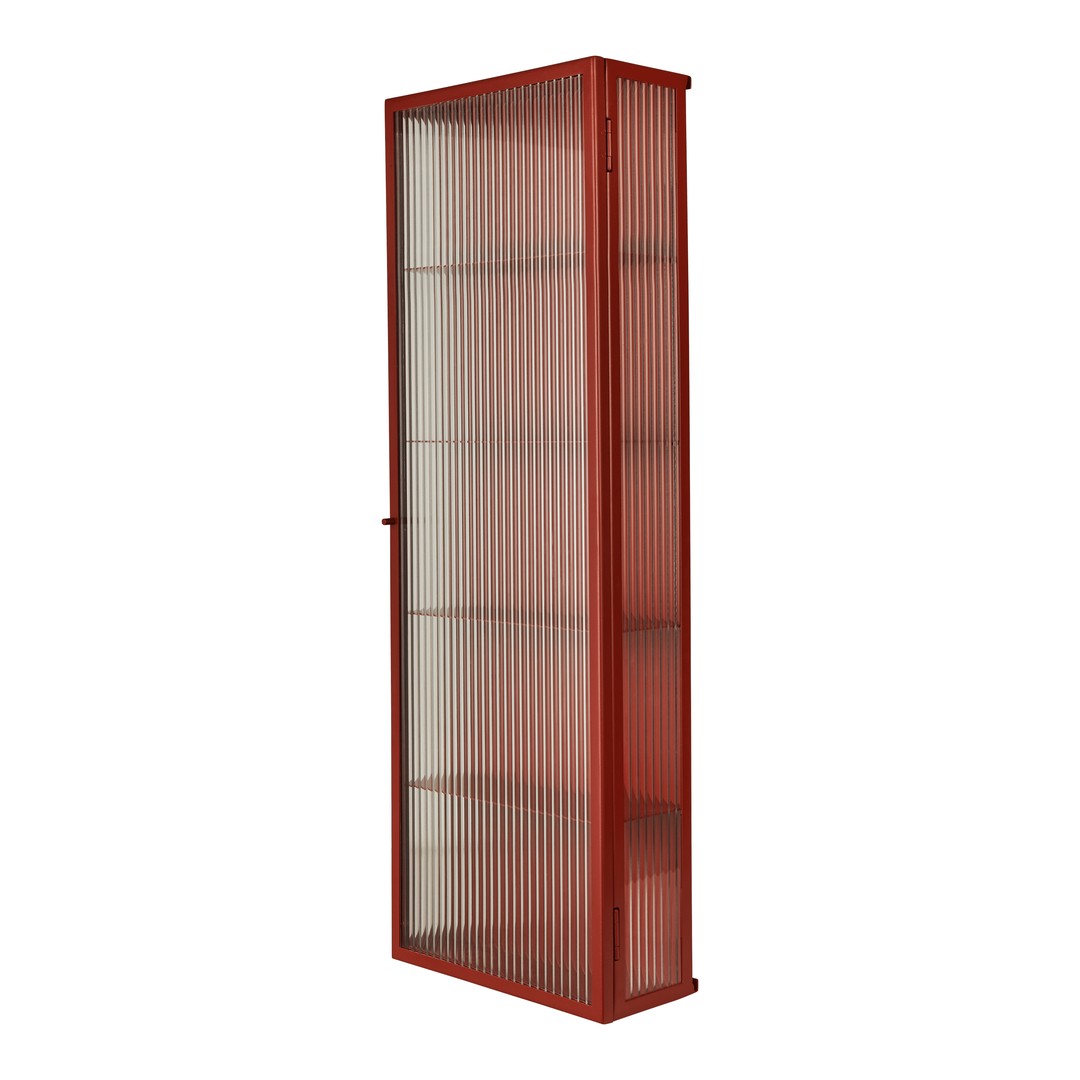 Slim, vertical cabinet in a vibrant red finish with clear vertical stripes for a modern, sleek design.