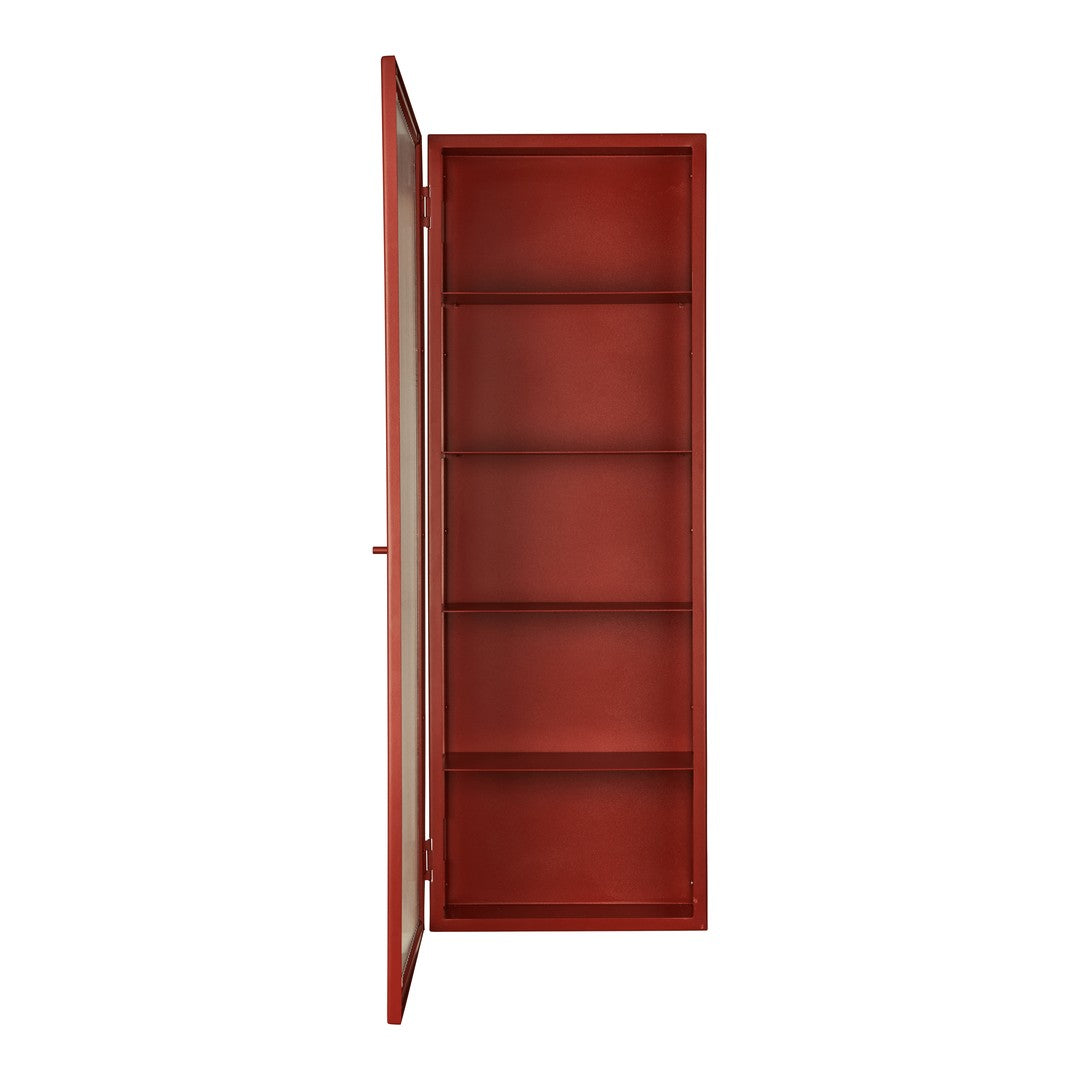 Vertical cabinet with a vibrant red finish and smooth, matte texture, featuring five interior shelves.