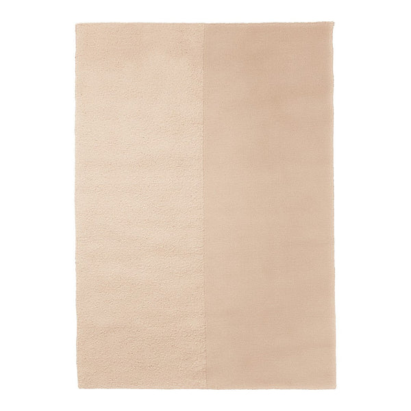 Beige area rug with textured and smooth patterns, showcasing a harmonious blend of light neutral tones.