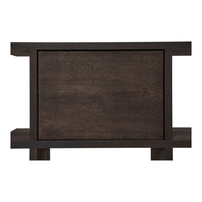 Dark brown wood finish with a smooth texture, featuring simple, modern lines and minimalistic design elements.