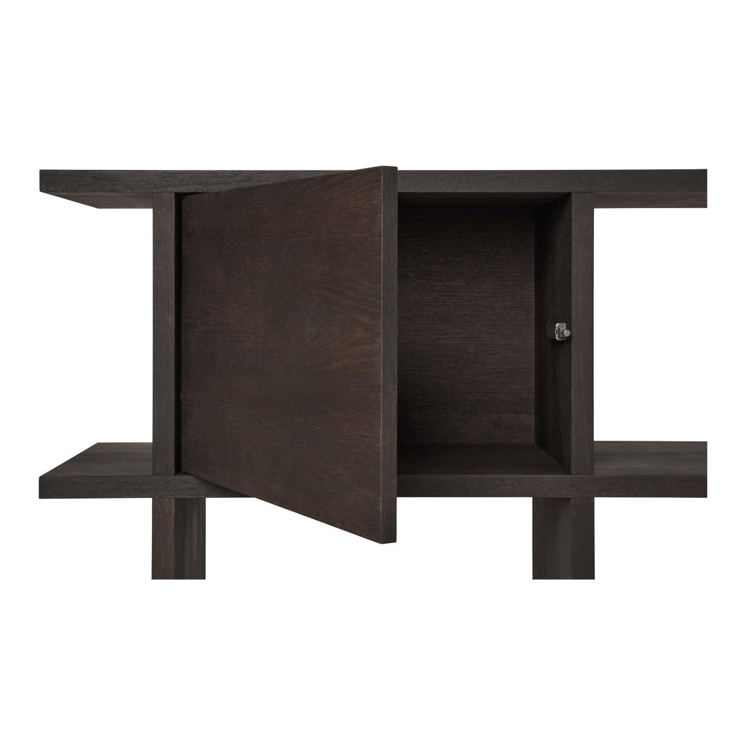 Dark brown wooden console table with a sleek design and an open shelf, featuring a contrasting light background.