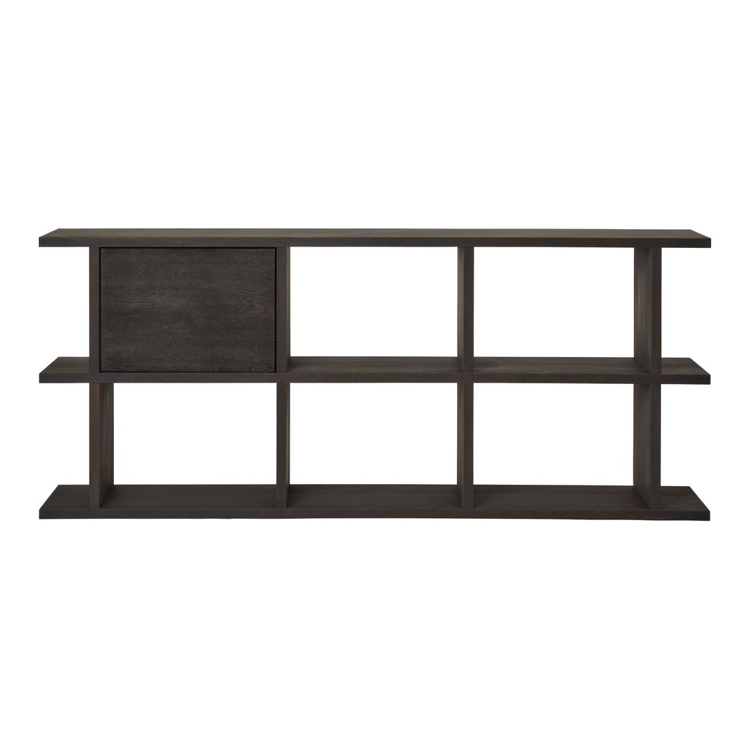 Dark wood shelving unit with a minimalist design, featuring a smooth surface and rich, deep hues.