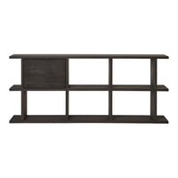 Dark wood shelving unit with a minimalist design, featuring a smooth surface and rich, deep hues.