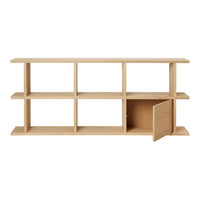 Natural wood bookshelf with a light oak finish and open shelves, featuring a single contrasting door.