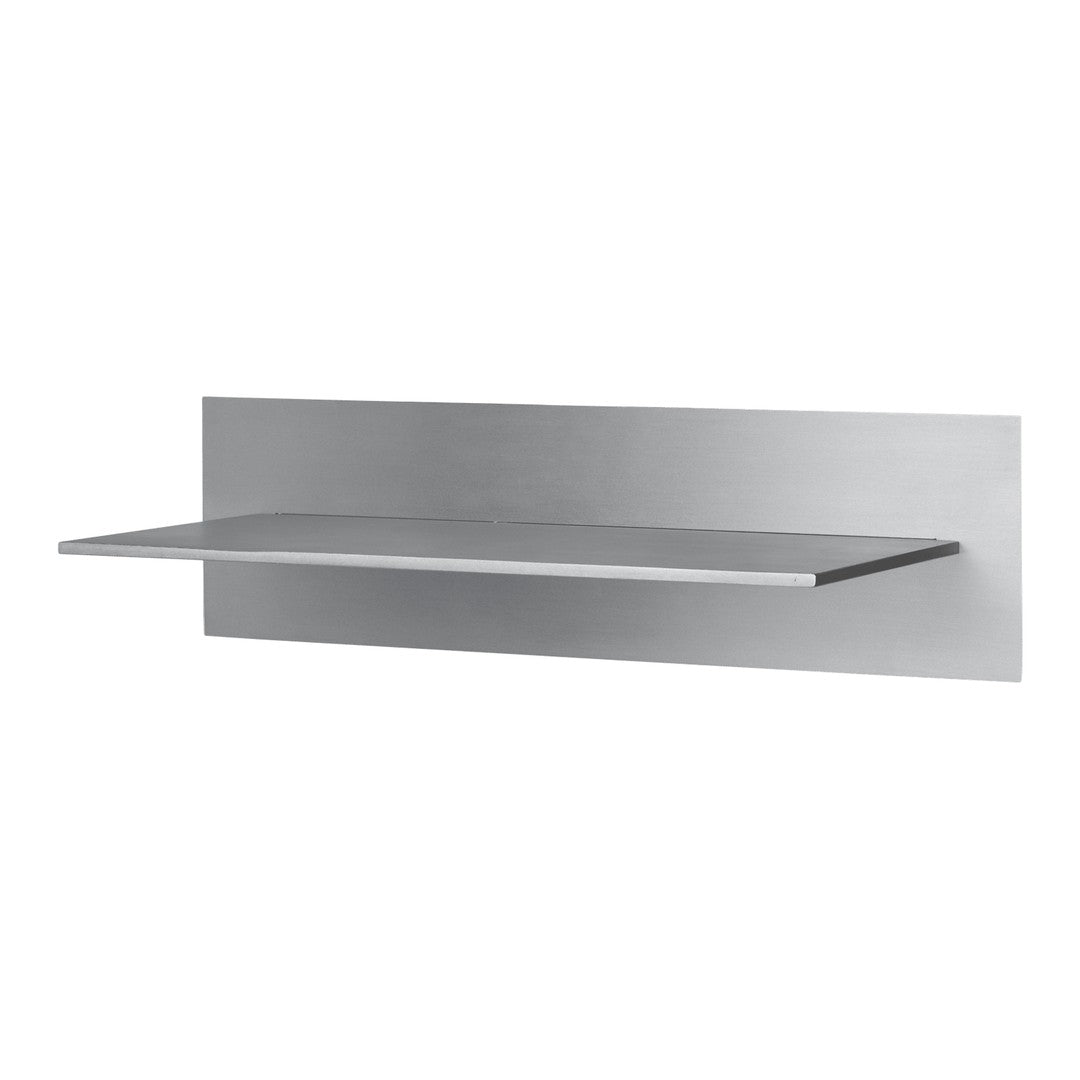 Sleek silver wall shelf with a minimalist design and smooth metal finish, perfect for modern decor.