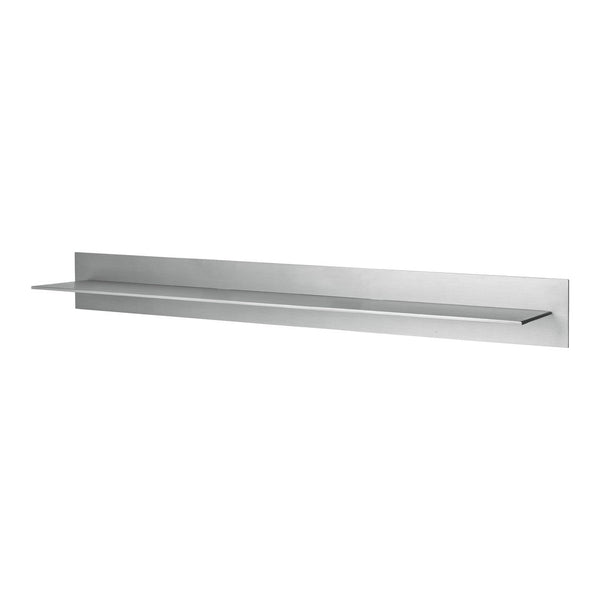 Sleek silver metal wall shelf with a smooth, modern finish against a white background.