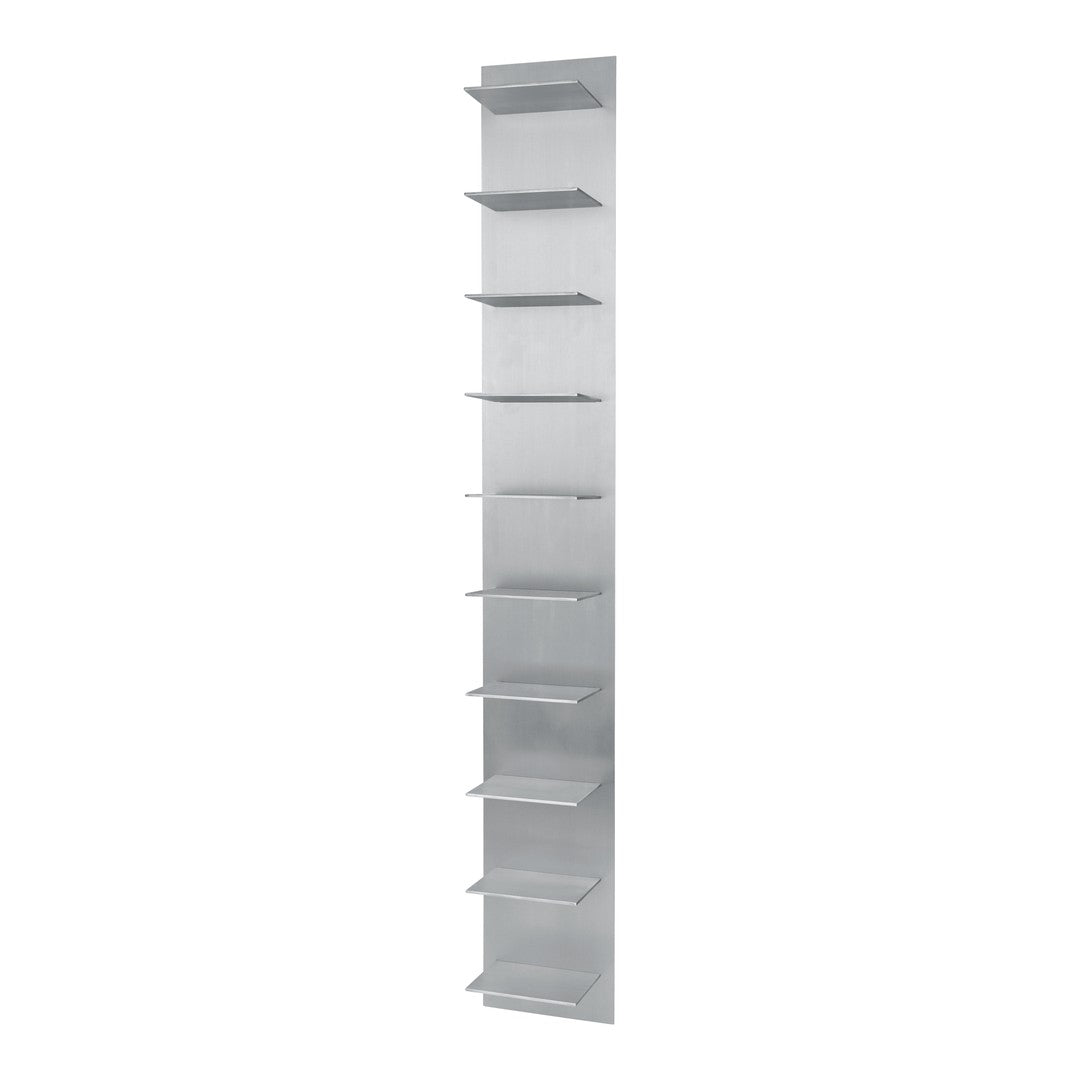 Sleek silver wall shelf with eight flat shelves, minimalist design and modern matte finish. Perfect for contemporary decor.