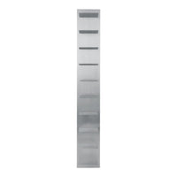 Sleek silver shelving unit with a modern design and clean lines, featuring seven open shelves for display.
