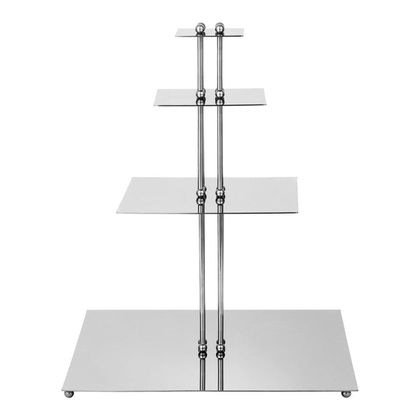 Silver metallic four-tier display shelf with sleek glass shelves and polished accents, ideal for modern decor.