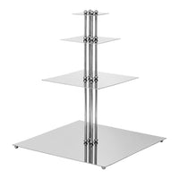 Sleek chrome shelving unit with transparent glass shelves in a modern, minimalist design.