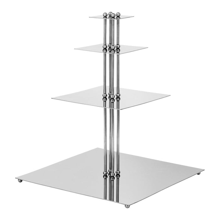 Sleek chrome shelving unit with transparent glass shelves in a modern, minimalist design.