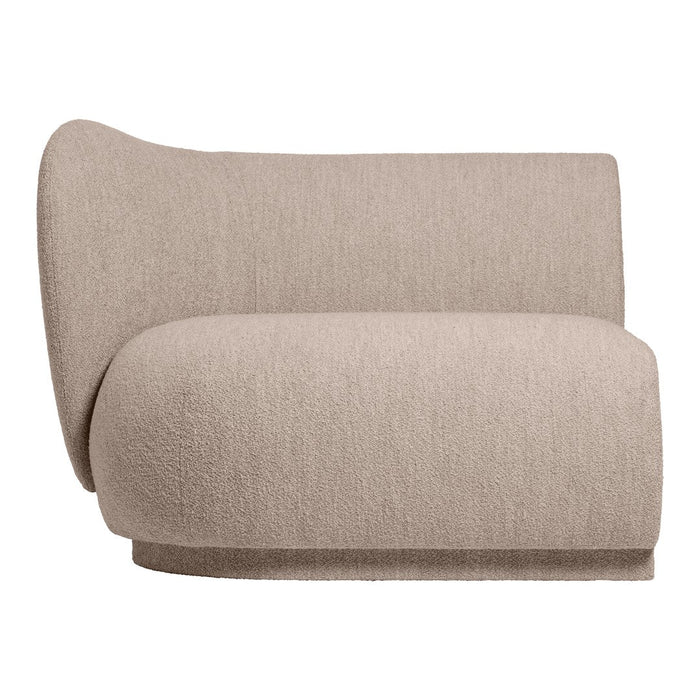 Soft beige upholstered armchair with a textured finish and rounded shapes. Perfect for modern decor.