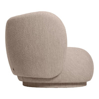 Stylish beige upholstered chair with a soft texture and rounded contours, perfect for modern decor.
