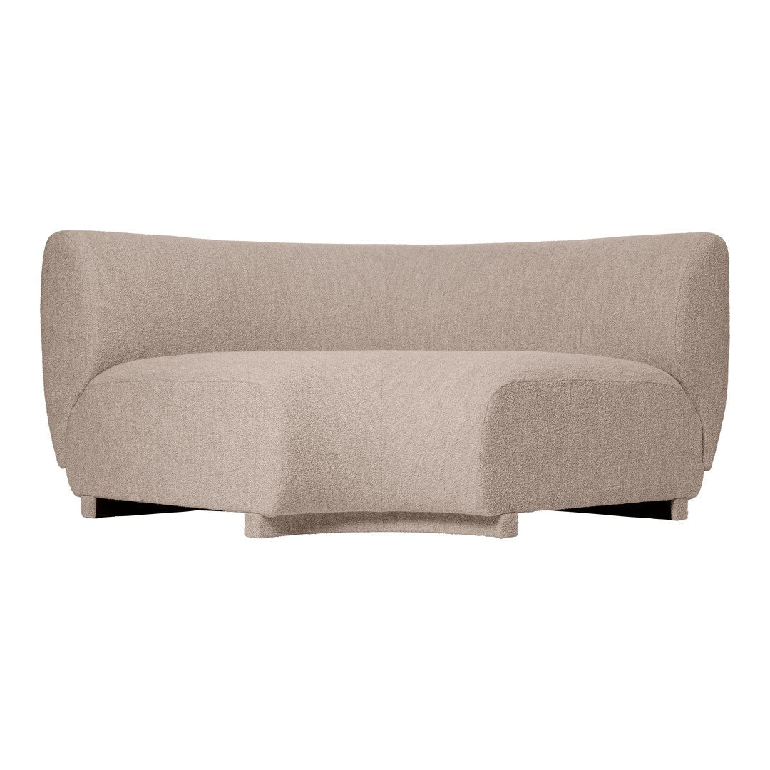 Beige curved sofa with a textured, plush fabric for a cozy, modern look. Perfect for any stylish living space.