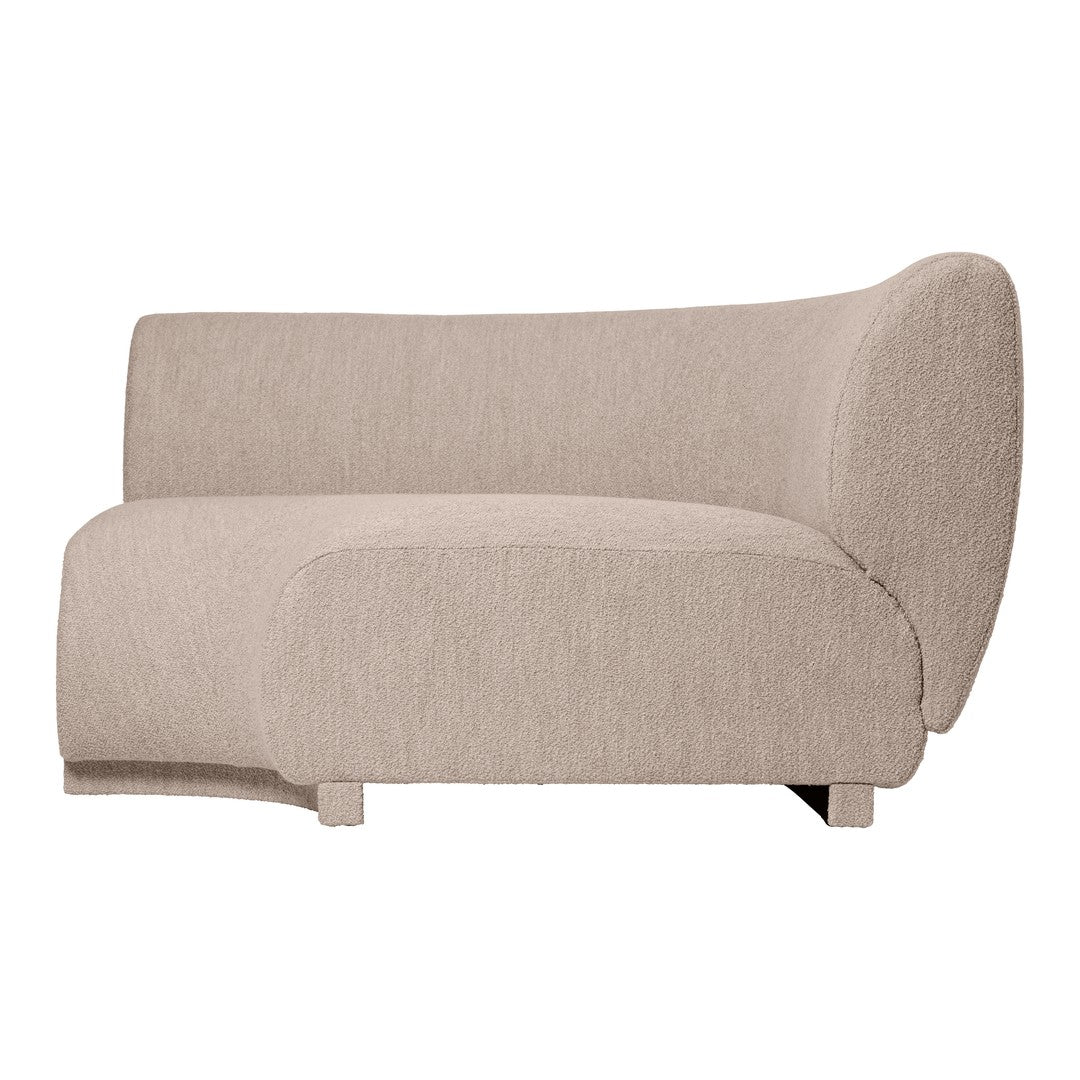 Beige upholstered sofa with a soft, textured finish and modern curved design. Ideal for contemporary interiors.