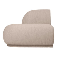 Beige boucle sofa with a modern design, featuring soft, textured fabric and rounded edges for a cozy look.