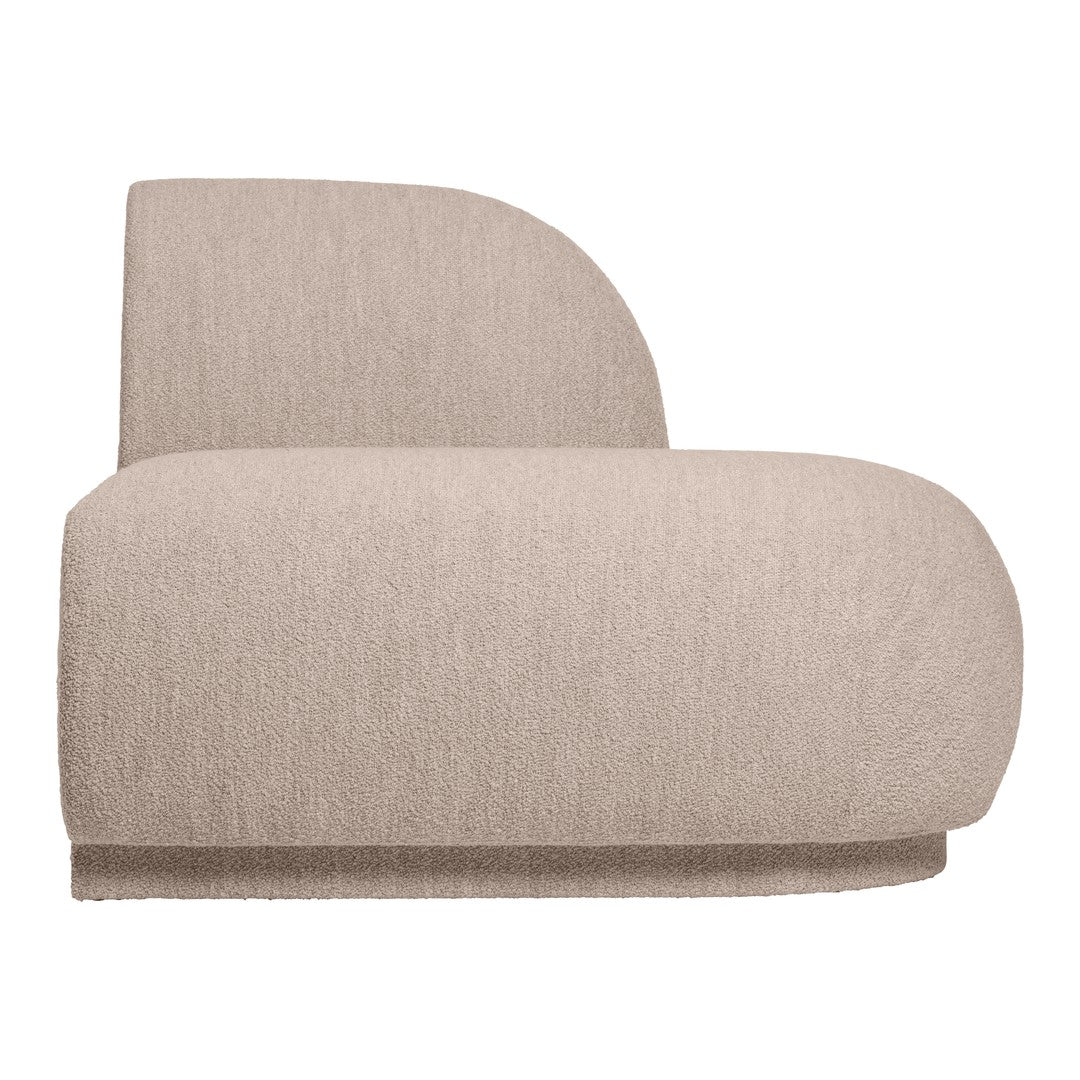 Beige textured armchair with a modern, rounded design, featuring soft, plush upholstery for a cozy look.