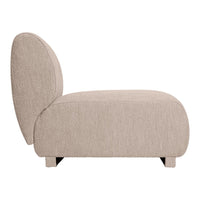 Beige textured upholstered chair with rounded silhouette and soft fabric finish. Perfect for modern decor.