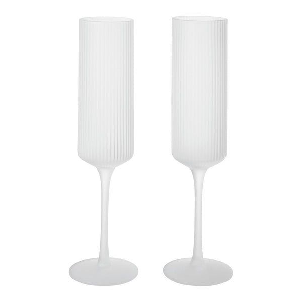 White ribbed champagne flutes with a sleek, modern design and elegant tall stems, perfect for any celebration.