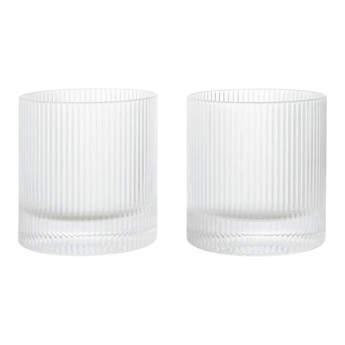 Clear glass tumblers with vertical ribbed texture, featuring a modern and elegant design. Perfect for any occasion.