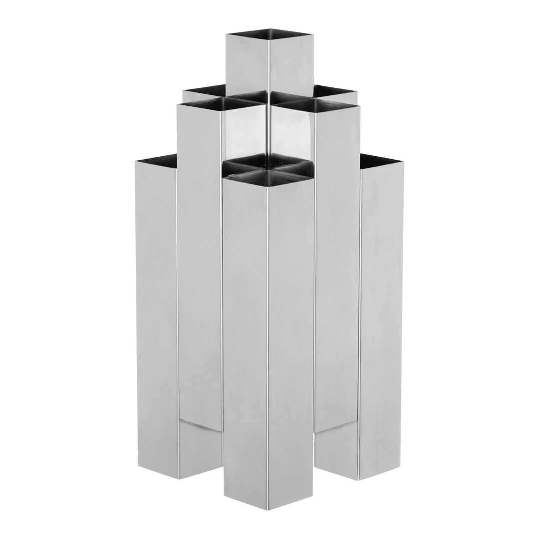 Silver geometric vase with a sleek, modern finish and unique pattern of interlocking shapes. Perfect for decor.