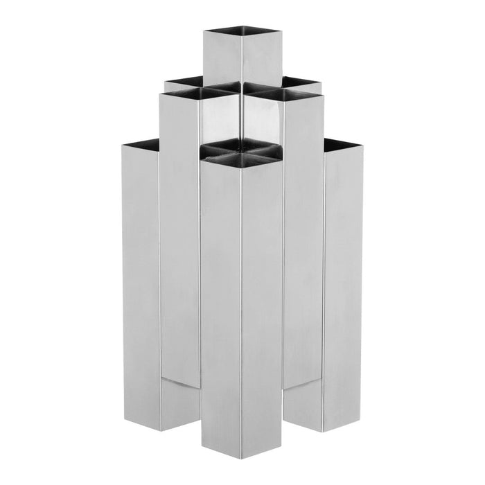 Silver geometric vase with a sleek, modern finish and unique pattern of interlocking shapes. Perfect for decor.