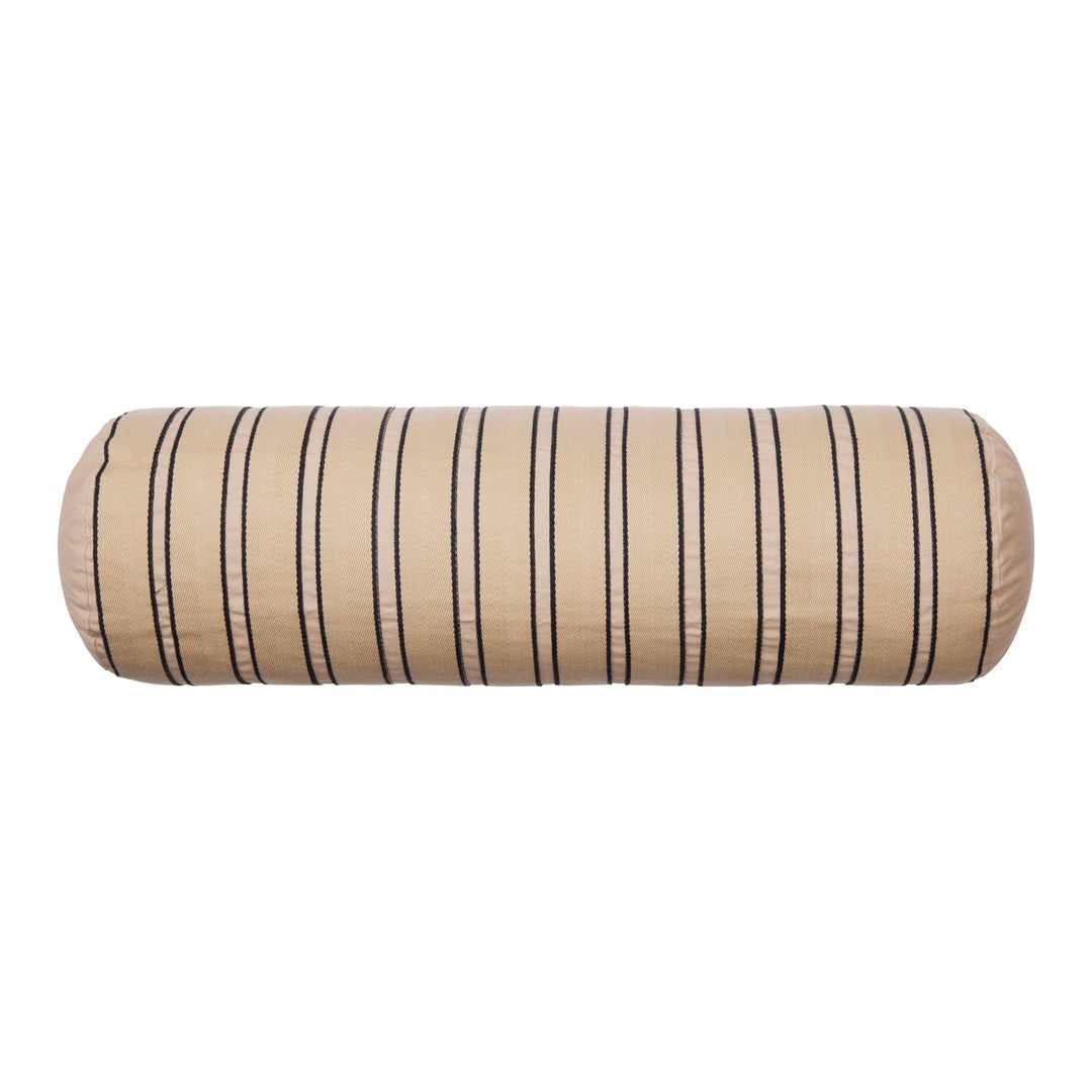 Beige cylindrical pillow featuring black vertical stripes for a modern, stylish look. Ideal for home decor.