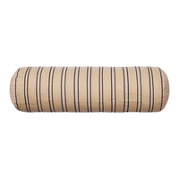 Beige cylindrical pillow featuring black vertical stripes for a modern, stylish look. Ideal for home decor.