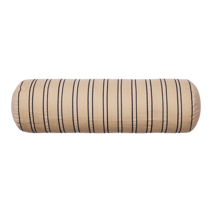 Beige cylindrical pillow featuring black vertical stripes for a modern, stylish look. Ideal for home decor.