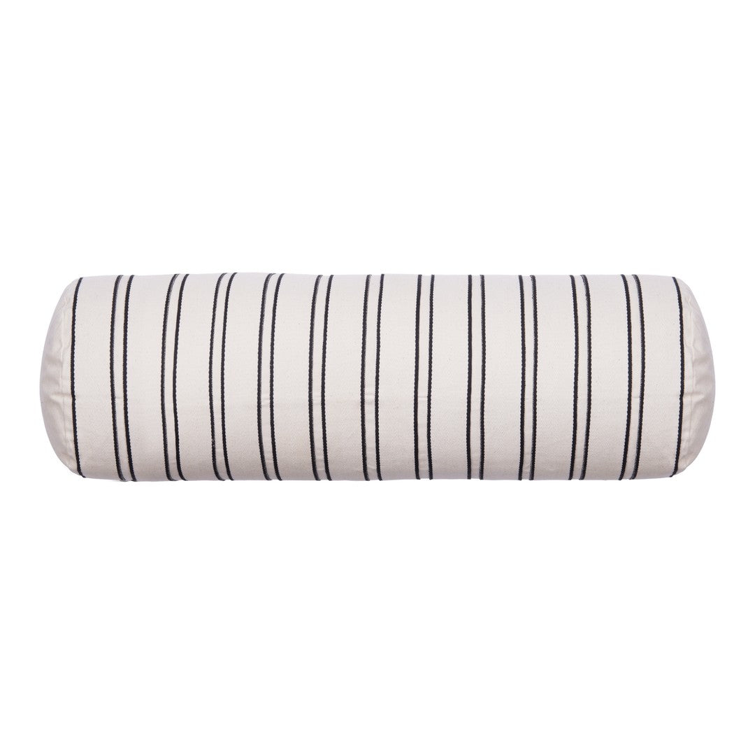 Cream bolster pillow with black vertical stripes for a stylish accent in any home decor.