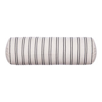 Cream bolster pillow with black vertical stripes for a stylish accent in any home decor.