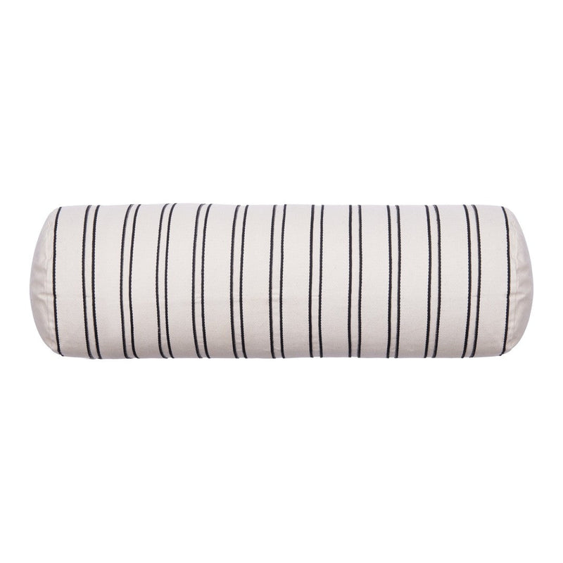 Cream bolster pillow with black vertical stripes for a stylish accent in any home decor.
