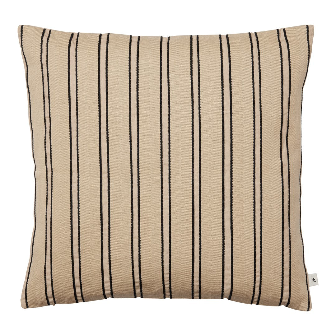 Beige pillow with vertical black stripes, adding a modern touch to any decor. Perfect for style and comfort.