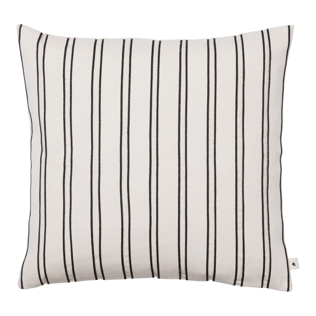 Black and white striped decorative pillow, featuring a clean, modern design with vertical lines.