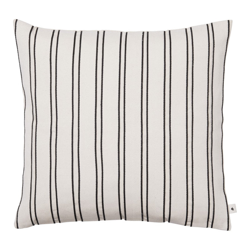 Black and white striped decorative pillow, featuring a clean, modern design with vertical lines.