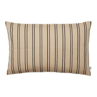 Beige pillow with black vertical stripes, adding a modern touch to any decor. Ideal for home styling.