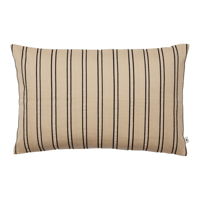 Beige pillow with black vertical stripes, adding a modern touch to any decor. Ideal for home styling.