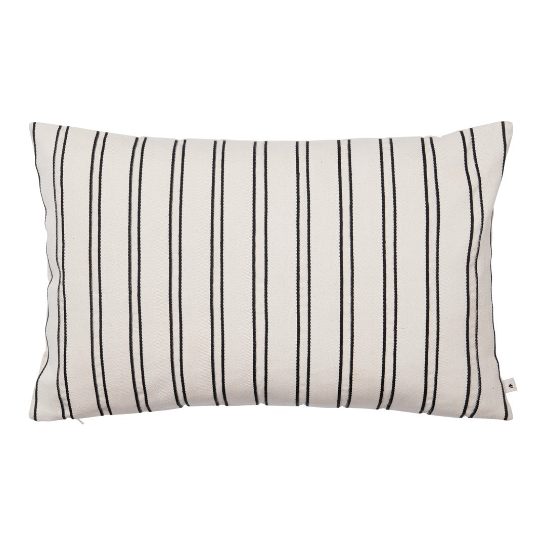 Cream pillow with black vertical stripes, adding a modern touch to any decor. Perfect for stylish home accents.