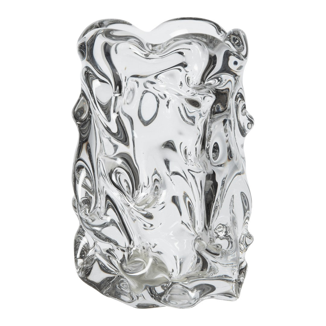 Clear glass vase with swirling, abstract patterns and smooth, reflective surfaces. Ideal for modern decor.