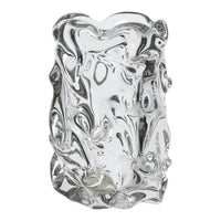 Clear glass vase with swirling, abstract patterns and smooth, reflective surfaces. Ideal for modern decor.